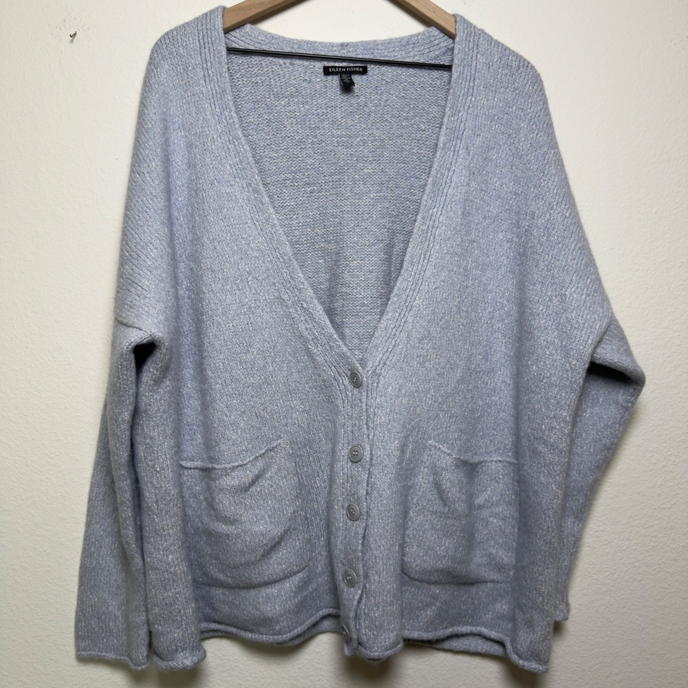 Eileen Fisher Women Alpaca Cotton Cardigan Sweater 1X Blue Pockets Delphine